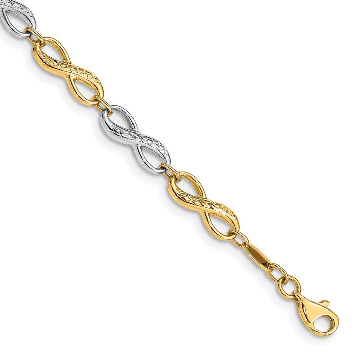 14K Solid Two Tone Gold Infinity Twisted Love Knot Symbol Chain Charm Bracelet