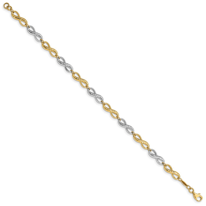 14K Solid Two Tone Gold Infinity Twisted Love Knot Symbol Chain Charm Bracelet