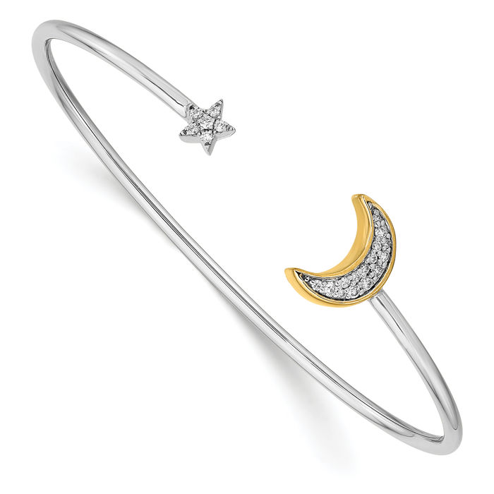 14K Solid Two Tone Gold Yellow Moon Star Diamond Cuff Bangle Bracelet - Picture 10 of 12