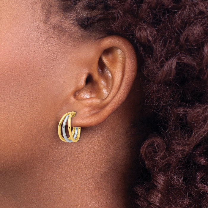 14K Solid Two Tone Gold White Hoop Earrings