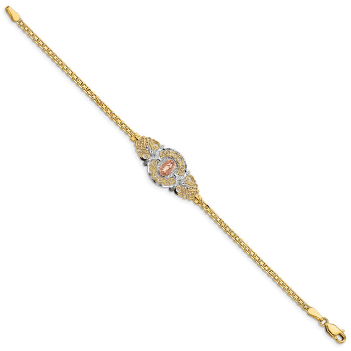 14K Solid Two Tone Gold Our Lady of Guadalupe Virgin Mary Chain Charm Bracelet