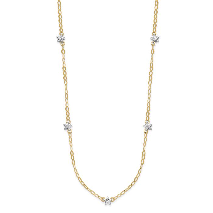 14K Solid Two Tone Gold Oval Chain Stars Necklace