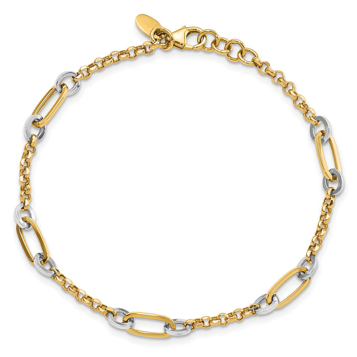 14K Solid Two Tone Gold Oval Link Chain Bracelet - Picture 8 of 12