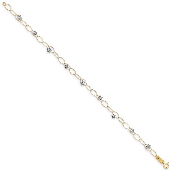 14K Solid Two Tone Gold Stars Chain Charm Bracelet