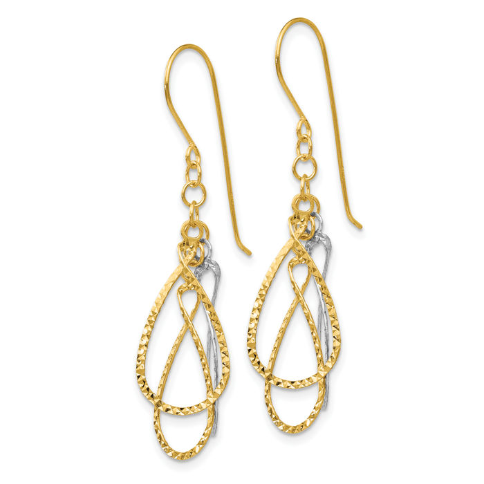 14K Solid Two Tone Gold Tear Drop Dangle Earrings