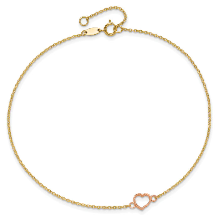 14K Solid Two Tone Gold Heart Anklet Summer Beach Foot Ankle Bracelet