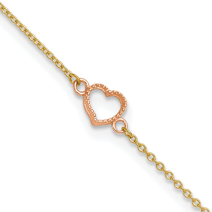 14K Solid Two Tone Gold Heart Anklet Summer Beach Foot Ankle Bracelet