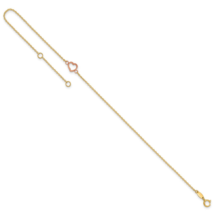 14K Solid Two Tone Gold Heart Anklet Summer Beach Foot Ankle Bracelet
