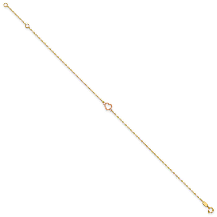 14K Solid Two Tone Gold Heart Anklet Summer Beach Foot Ankle Bracelet