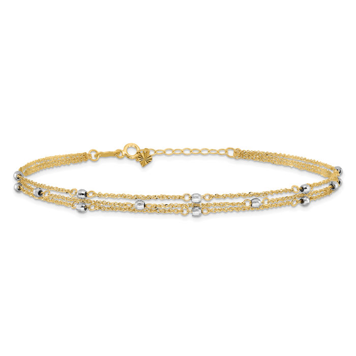 14K Two Tone Triple Strand Plus 1 inch Anklet