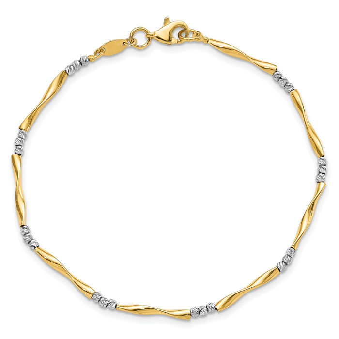 14K Solid Two Tone Gold Wavy Ball Chain Bracelet - Picture 8 of 12