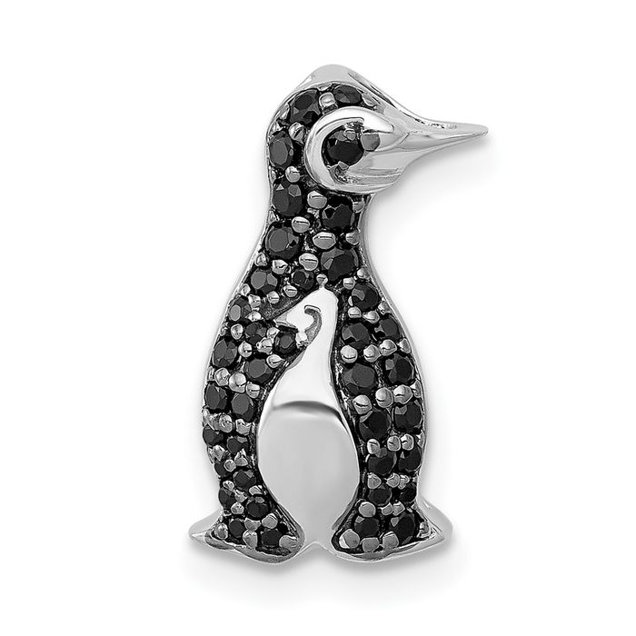 14K Solid White Gold Black Diamond Penguin Floating Chain Slide Necklace - Picture 4 of 6