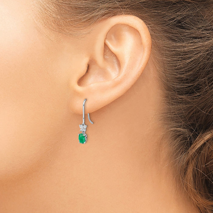 14K Solid White Gold Diamond Oval Green Emerald Drop Dangle Earrings May Birthstone Jewelry