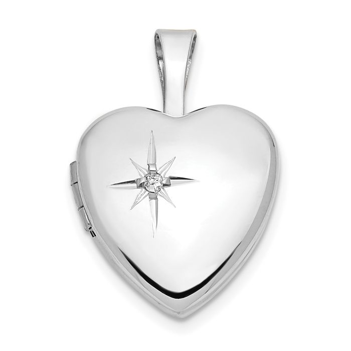 14K Solid White Gold Diamond Heart Photo Locket Necklace - Picture 15 of 24