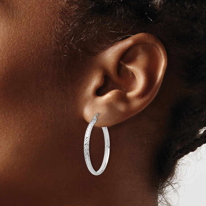 14K Solid White Gold 2.8x30mm Round Medium Hoop Earrings