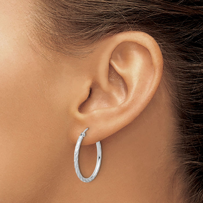 14K Solid White Gold 2mm Round Medium Hoop Earrings