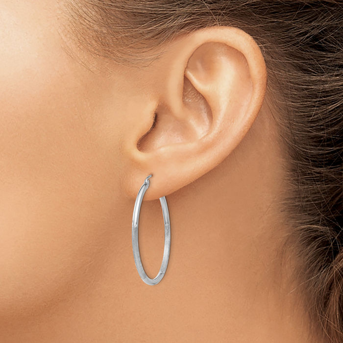 14K Solid White Gold 2mm Round Medium Hoop Earrings