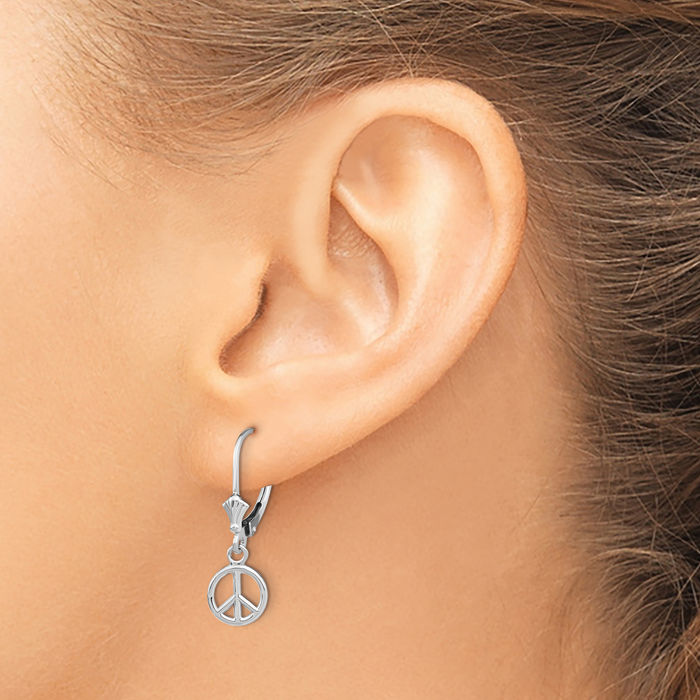 14K Solid White Gold Peace Sign Inspirational Symbol Drop Dangle Earrings