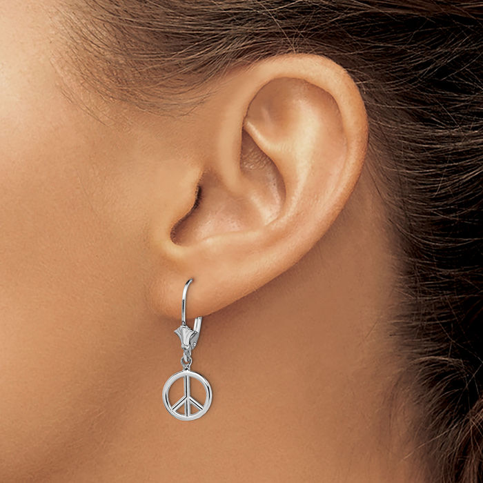 14K Solid White Gold Peace Sign Inspirational Symbol Drop Dangle Earrings