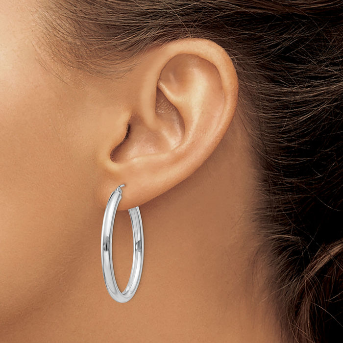 14K Solid White Gold 3.5mm Oval Tube Medium Hoop Earrings