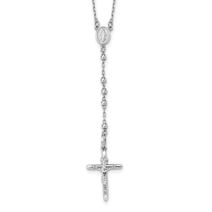 14K Solid White Gold 3mm Rosary Bead Necklace Chain