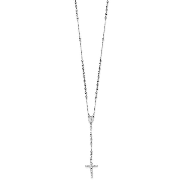 14K Solid White Gold 3mm Rosary Bead Necklace Chain