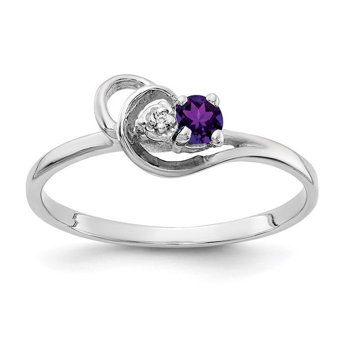 14K Solid White Gold 3mm Amethyst Diamond Ring