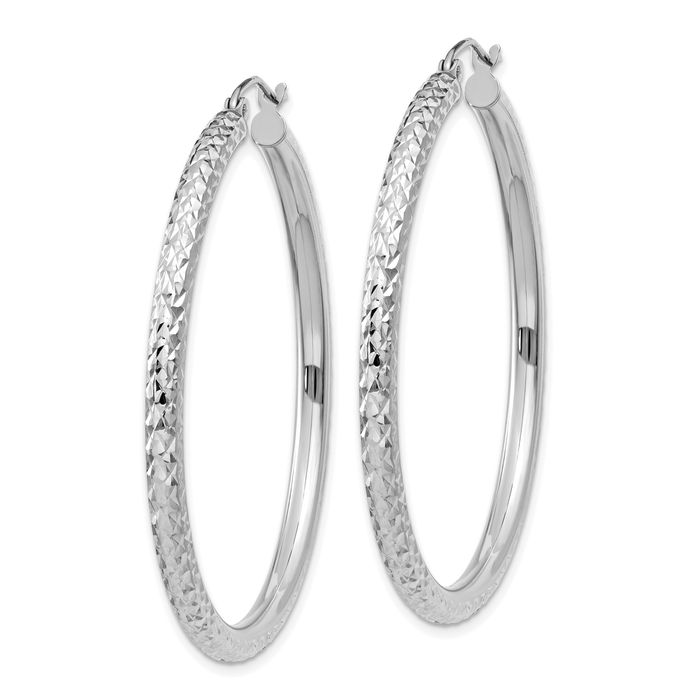 14K Solid White Gold 3mm Round Large Hoop Earrings