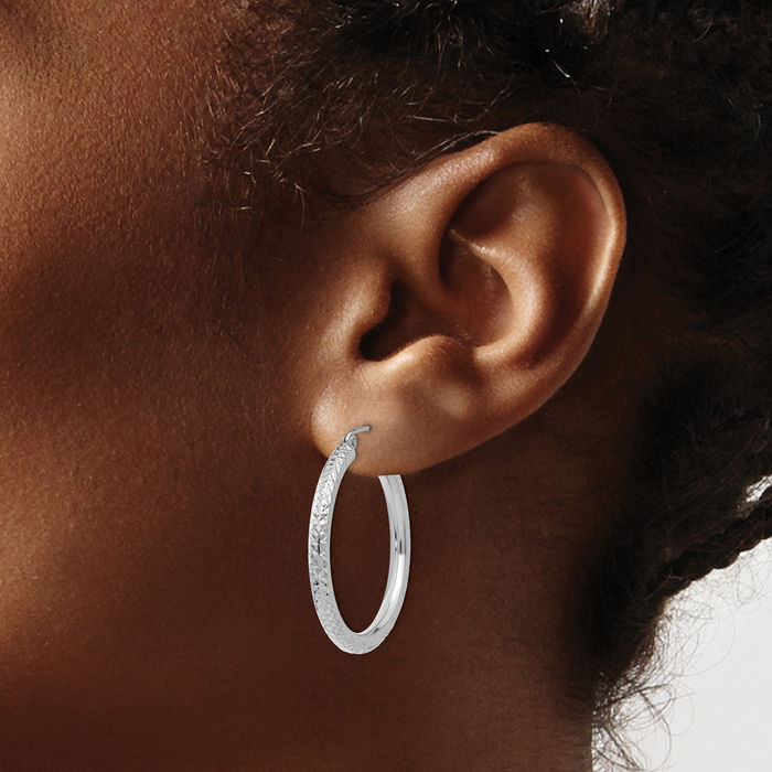 14K Solid White Gold 3mm Round Medium Hoop Earrings
