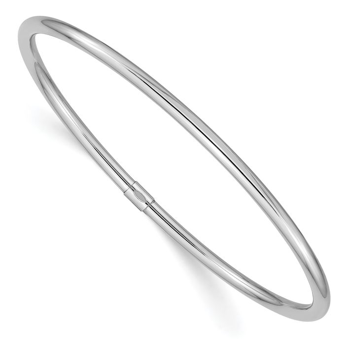 14K Solid White Gold 3mm Round Tube Slip On Bangle Bracelet