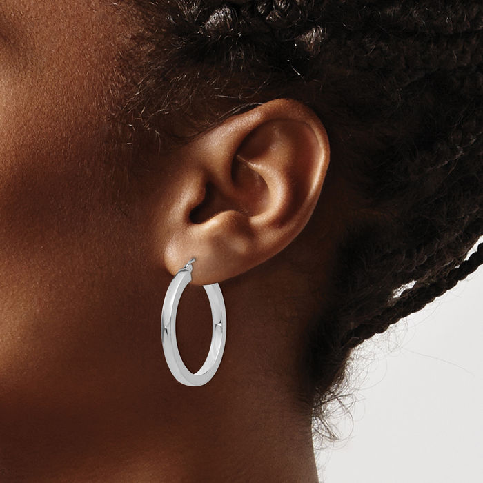 14K Solid White Gold 3mm Square Tube Round Medium Hoop Earrings