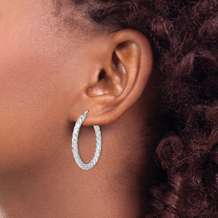 14K Solid White Gold 3mm Twisted Round Medium Hoop Earrings