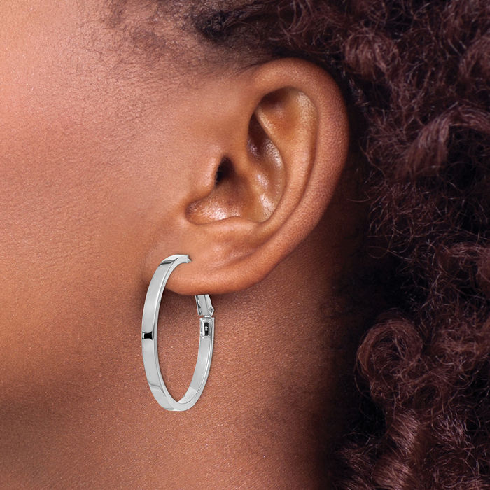 14K Solid White Gold Square Tube Round Medium Hoop Earrings