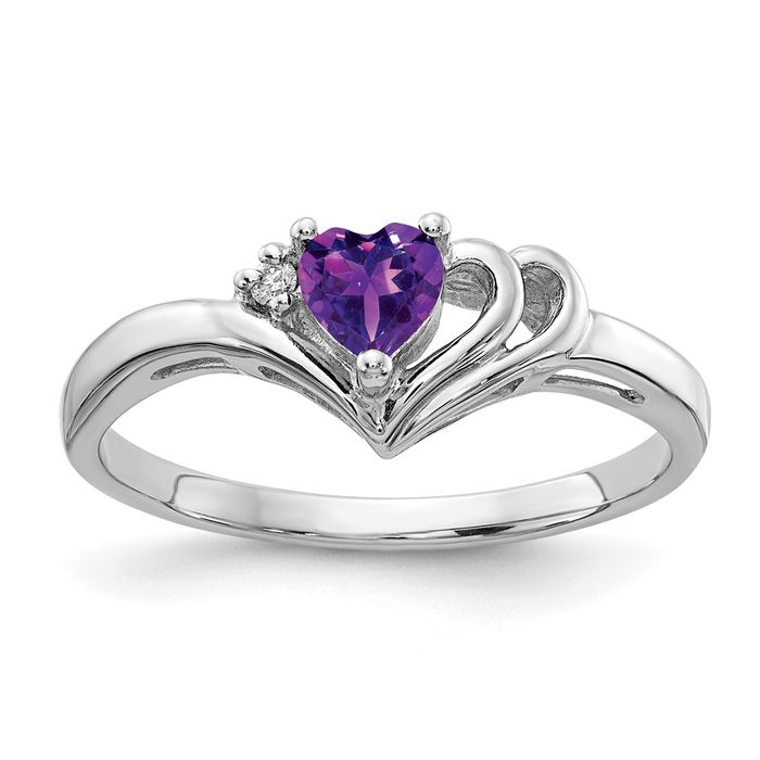 14K Solid White Gold 4mm Heart Amethyst Diamond Ring - Picture 6 of 59