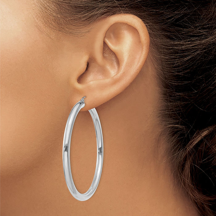 14K Solid White Gold 4mm Tube Round Large Hoop Earrings