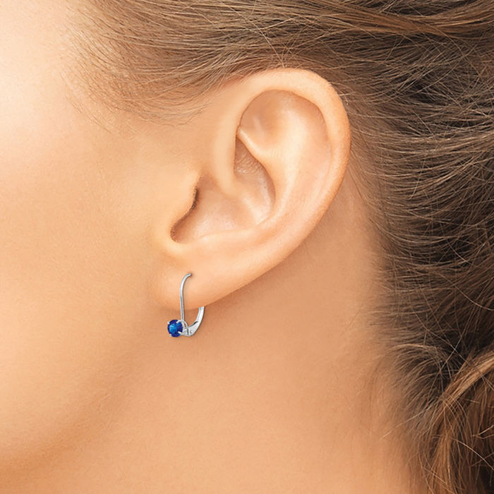 14K Solid White Gold 4mm Round Blue Sapphire Drop Dangle Earrings September Birthstone Jewelry