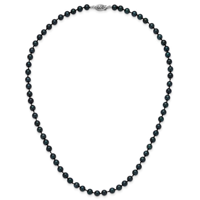 14K Solid White Gold 5mm Black Round Akoya Saltwater Cultured Pearl Necklace Chain