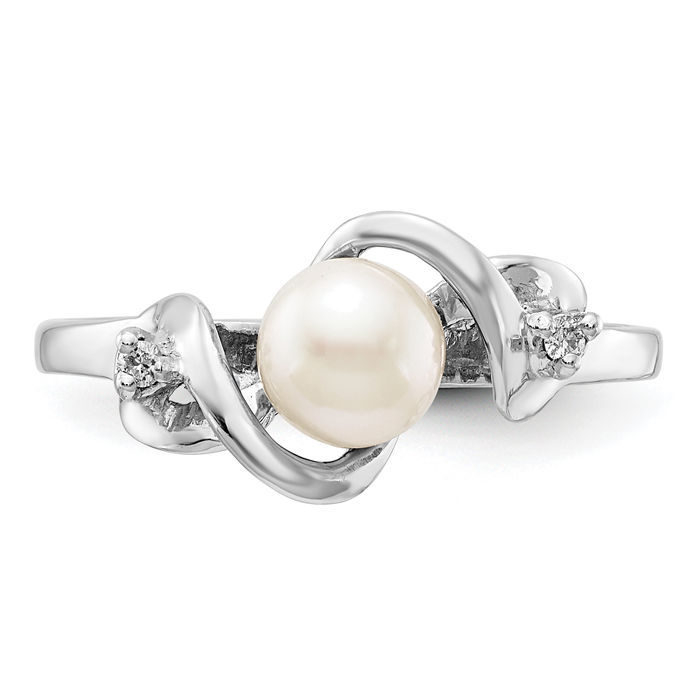 14K Solid White Gold 5.5mm Freshwater Cultured Pearl Diamond Ring