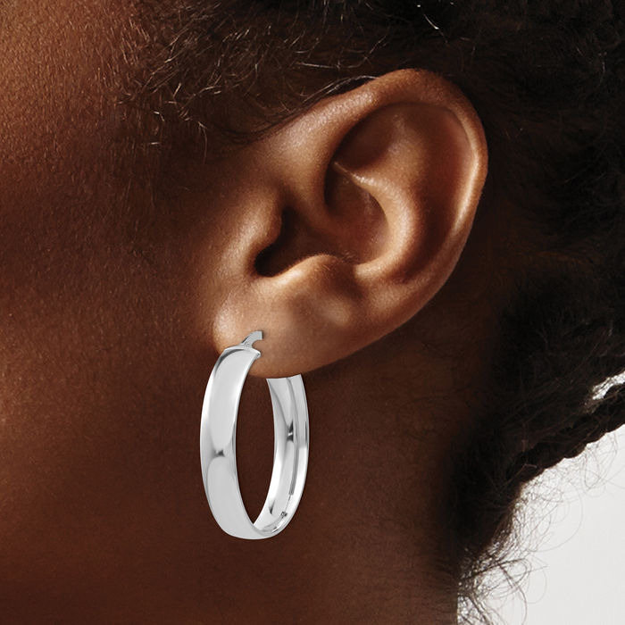 14K Solid White Gold 5.75mm Oval Medium Hoop Earrings