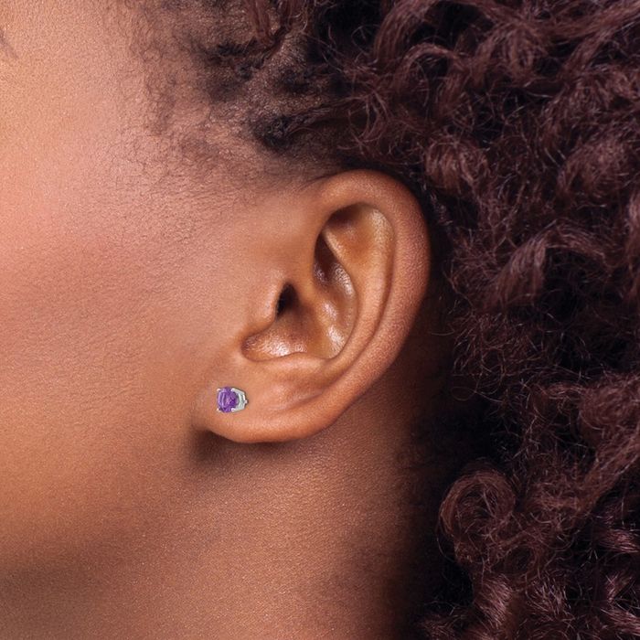 14K Solid White Gold 5mm Purple Amethyst Studs Gemstone Solitaire Earrings February Birthstone Jewelry