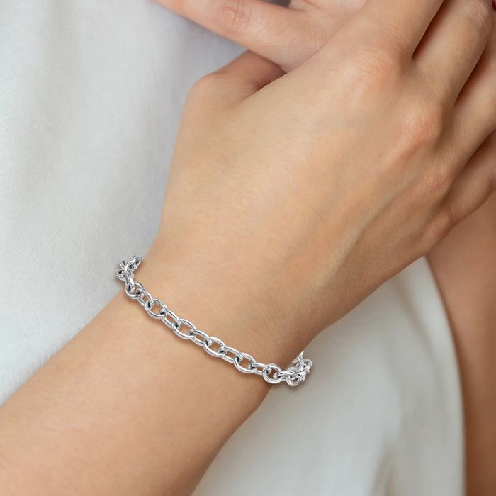 14K Solid White Gold 6.5mm Oval Cable Rolo Link Chain Bracelet