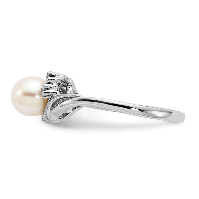 14K Solid White Gold 6mm Freshwater Cultured Pearl Diamond Ring