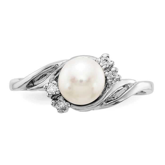 14K Solid White Gold 6mm Freshwater Cultured Pearl Diamond Ring