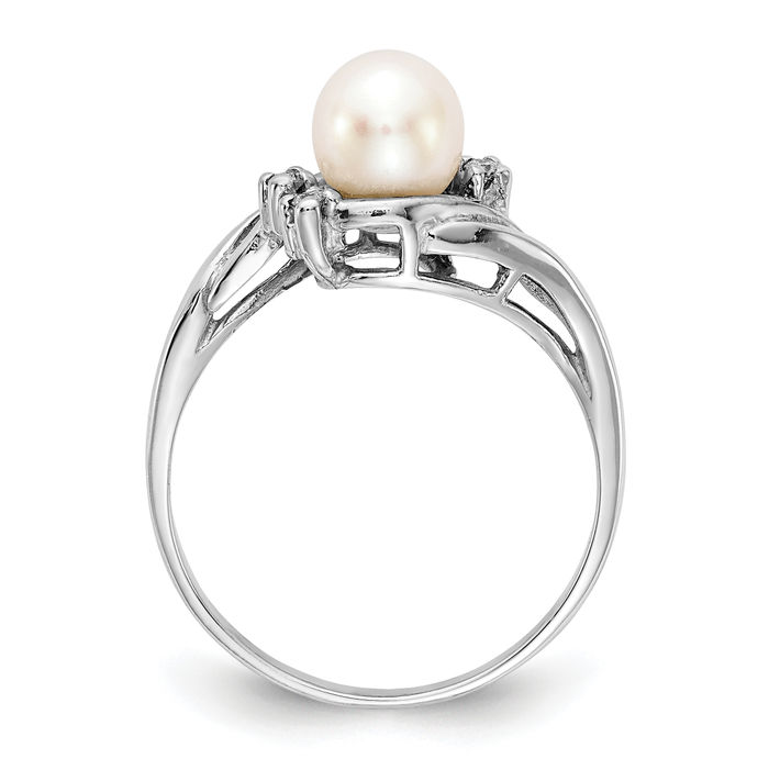 14K Solid White Gold 6mm Freshwater Cultured Pearl Diamond Ring