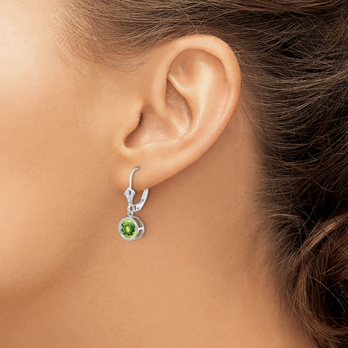 14K Solid White Gold 6mm Green Peridot Drop Dangle Earrings Gemstone