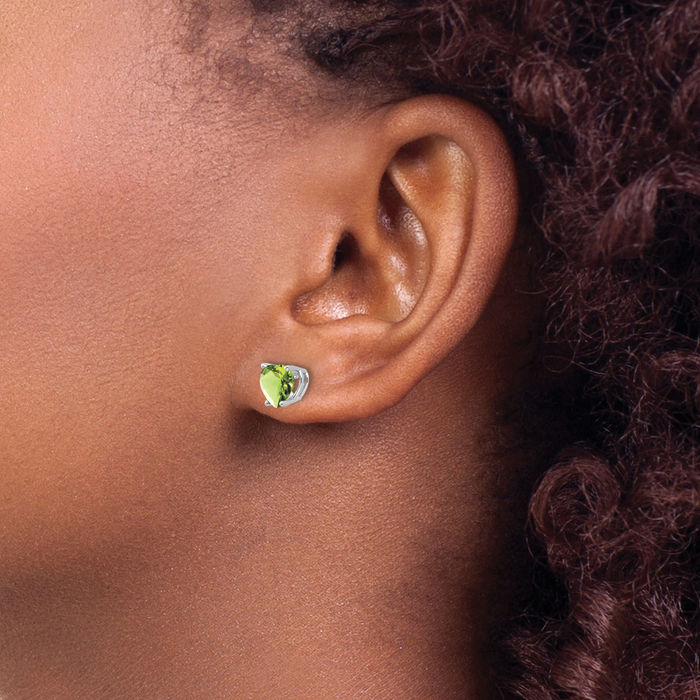 14K Solid White Gold 6mm Heart Green Peridot Studs Gemstone Earrings August Birthstone Jewelry