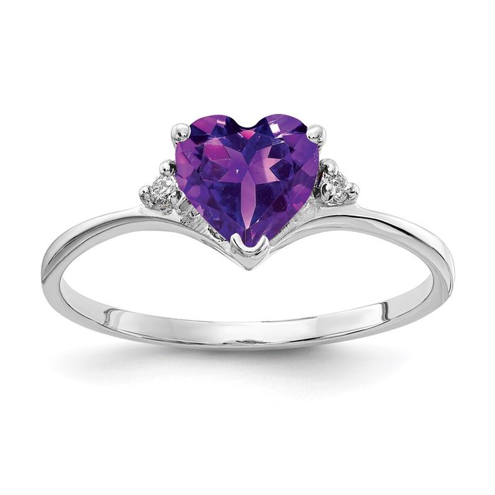 14K Solid White Gold 6mm Heart Amethyst Diamond Ring - Picture 7 of 60