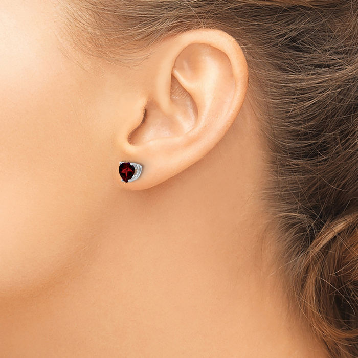 14K Solid White Gold 6mm Heart Red Garnet Studs Gemstone Earrings January Birthstone Jewelry