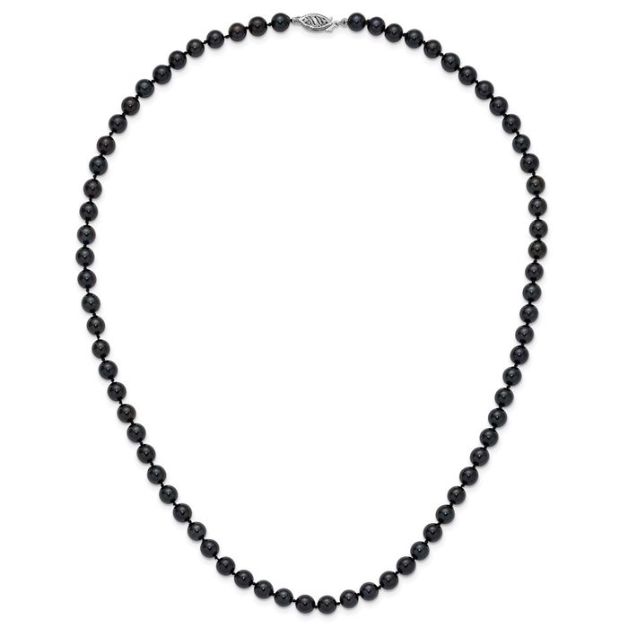 14K Solid White Gold 6mm Black Round Akoya Saltwater Cultured Pearl Necklace Chain