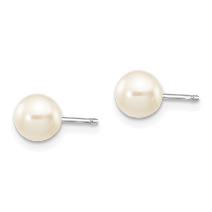 14K Solid White Gold 5mm Round Freshwater Cultured Pearl Stud Earrings